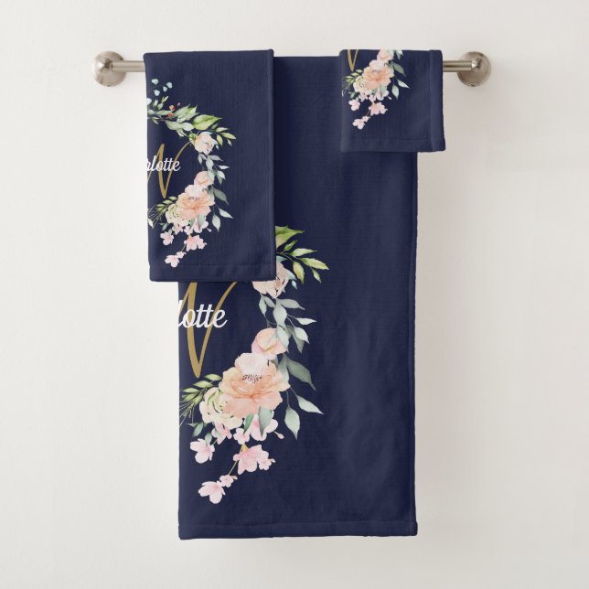 Gold Script Monogram Roses Floral Navy Blue Bath Towel Set (Insitu)