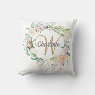 Gold Script Monogram Roses Floral Throw Pillow