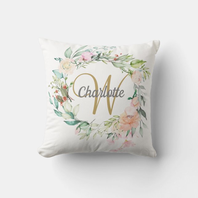 Gold Script Monogram Roses Floral Throw Pillow (Front)