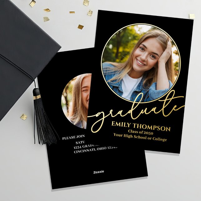 Gold Script Multi Photo Graduation Invitation Foil (Graduate real gold foil invitation announcement card. )