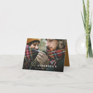 Gold script mustard plaid backer 1 photo Christmas Holiday Card
