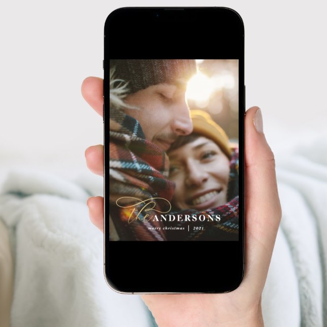 Gold script mustard plaid backer 1 photo Christmas Holiday Card (Front Digital)