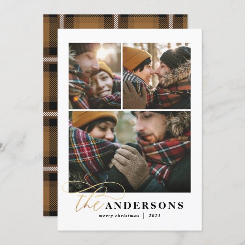 Gold script mustard plaid backer multi photo card