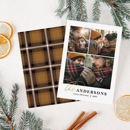 Gold script mustard plaid backer multi photo card