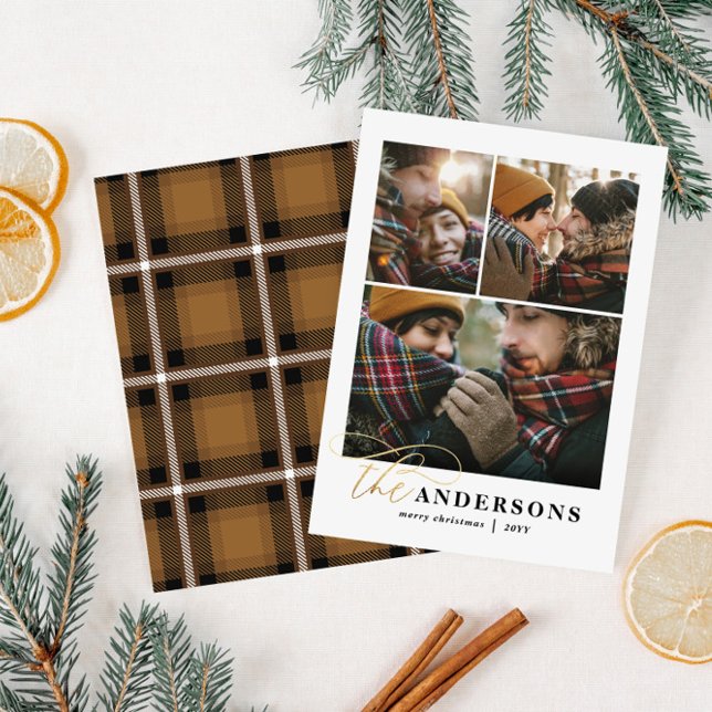 Gold script mustard plaid backer multi photo card (Creator Uploaded)