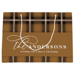 Gold script mustard plaid tartan rustic Christmas Large Gift Bag