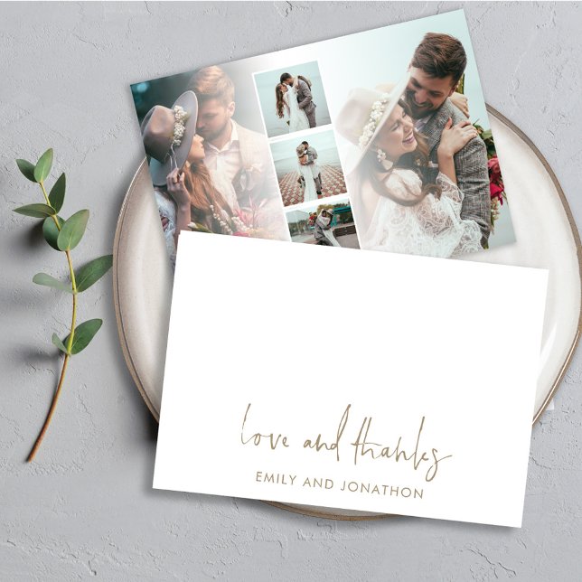 Gold Script Name 5 Photos Wedding Love Thanks Note Card (Creator Uploaded)