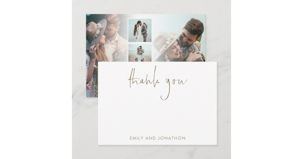 Gold Script Name 5 Photos Wedding Thank You Note Card | Zazzle