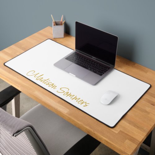 Gold Script Name On White Desk Mat
