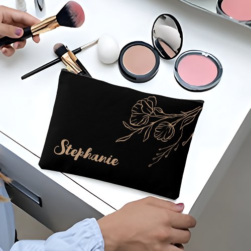 Gold Script Name Personalized Black Cosmetic Bag