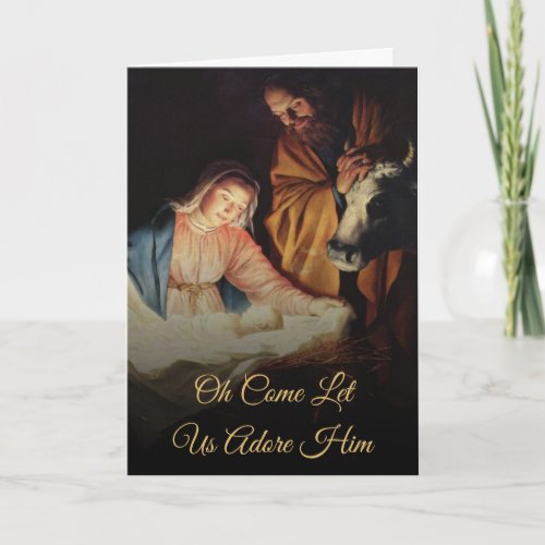 Gold Script Nativity Religious Christmas Holiday Card