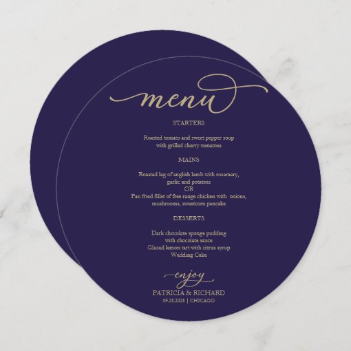 Gold Script Navy Blue Circle Menu Card For Plate Zazzle