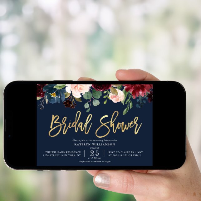 Gold script navy blue floral bridal shower invitation (Front Digital)