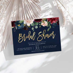 Gold script navy blue floral bridal shower invitation