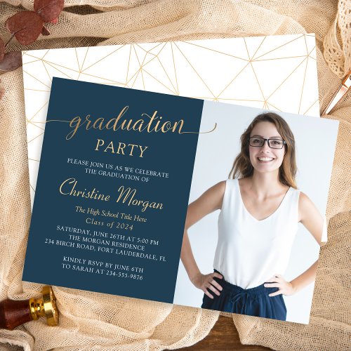 Gold Script Navy Blue Graduation Party Photo Invitation