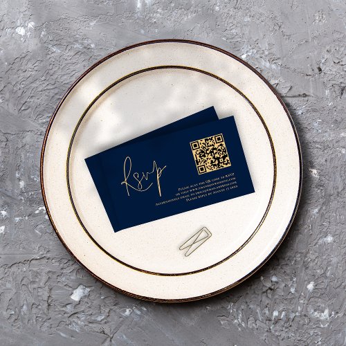 Gold Script Navy Blue QR Code Wedding RSVP  Enclosure Card