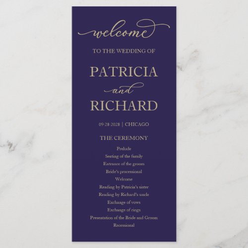 Gold Script Navy Blue Wedding Ceremony Program