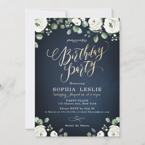 Gold script navy blue white floral birthday party invitation