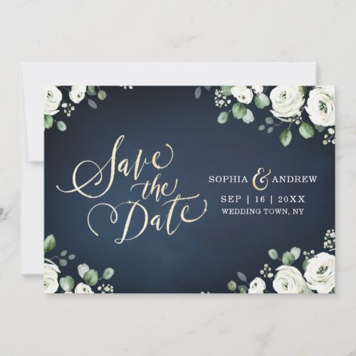 Gold script navy blue white floral save the date