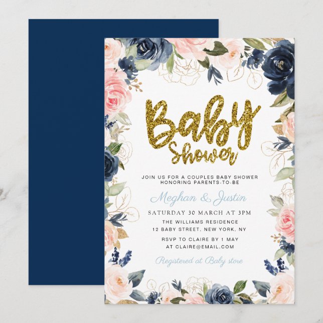 Gold script navy blush floral couples baby shower invitation (Front/Back)