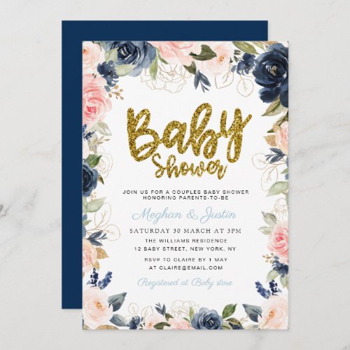 Gold script navy blush floral couples baby shower invitation