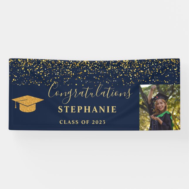 Gold Script Navy Confetti Congratulations Grad Banner (Horizontal)