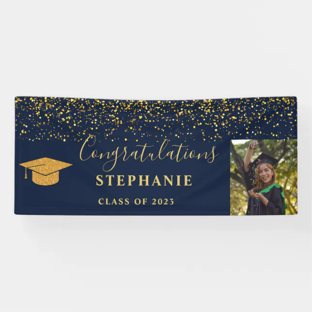 Gold Script Navy Confetti Congratulations Grad Banner | Zazzle