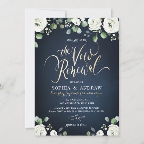 Gold script navy white floral the vow renewal invitation