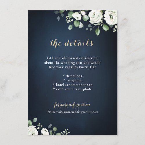 Gold script navy white floral wedding details enclosure card