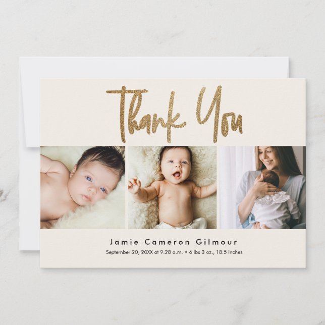 Gold Script Neutral Cream Beige 3 Baby photos Thank You Card (Front)