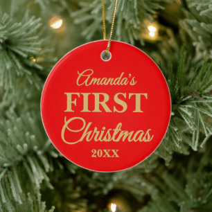 Gold Script Newborn Baby First Christmas Photo Ceramic Ornament