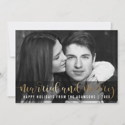 Gold Script Newlywed Holiday Black  White Photo