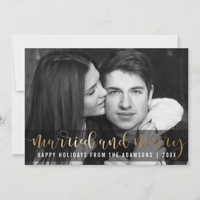 Gold Script Newlywed Holiday Black & White Photo Card (Front)