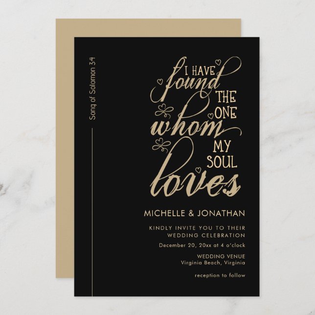 Gold Script on Black Bible Verse Christian Wedding Invitation (Front/Back)