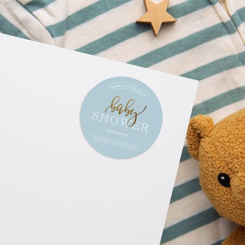 Gold Script on Pastel Blue  Baby Shower Thank You Classic Round Sticker