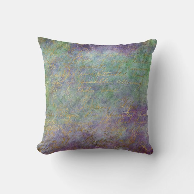Gold Script on Purple and Green Throw Pillow (Front)