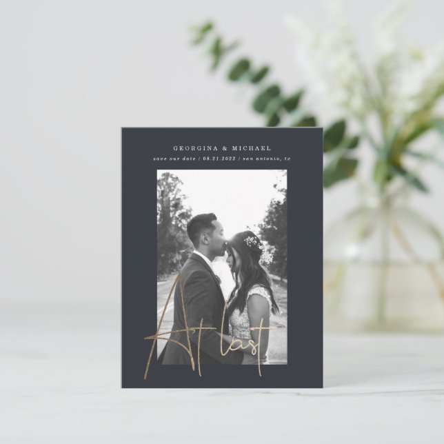 gold script one photo engagement card (Standing Front)