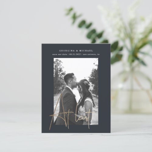 gold script one photo engagement card