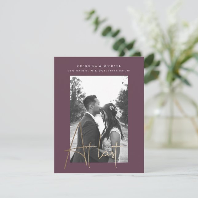 gold script one photo engagement card (Standing Front)