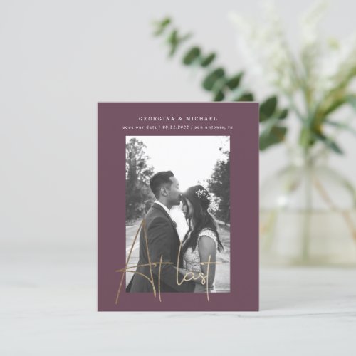 gold script one photo engagement card
