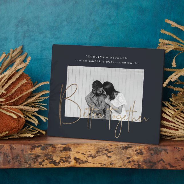 gold script one photo save the date engagement pla plaque (Side)