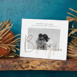 gold script one photo save the date engagement plaque<br><div class="desc">elegant bold script font in three variants golden foil,  white and black with several background color options. This one photo design is perfect for your save the date and engagement cards. Choose between different options in our store.</div>