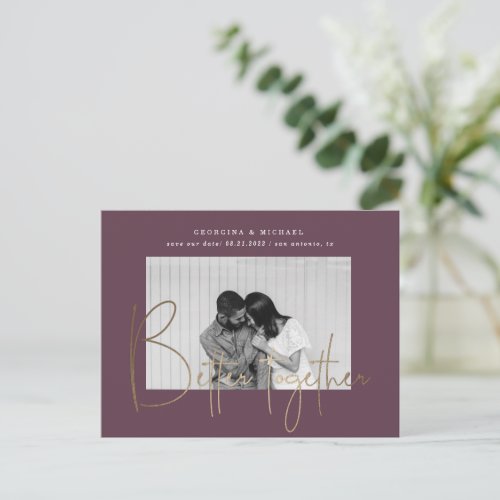 gold script one photo save the date engagement pos postcard
