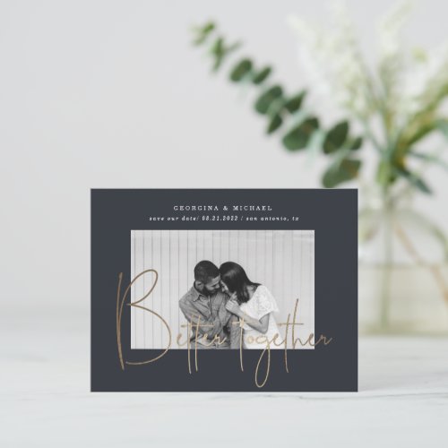 gold script one photo save the date engagement postcard