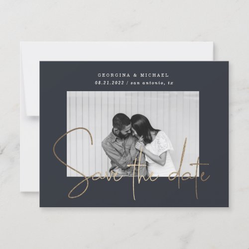 gold script one photo save the date postcard