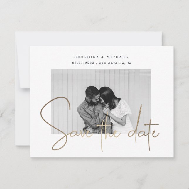 gold script one photo save the date postcard (Front)