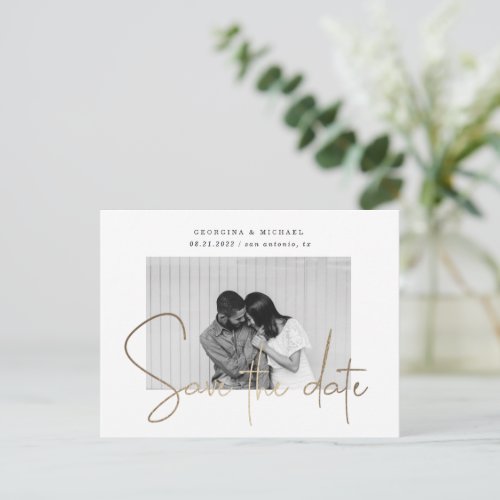 gold script one photo save the date postcard