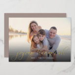 Gold Script Overlay l Hanukkah Photo Foil Holiday Card<br><div class="desc">Elegant Hanukkah photo card features a single horizontal or landscape-oriented photo with "Joyous Hanukkah" overlaid in gold foil calligraphy script lettering. Personalize with your family name or individual names and the year beneath in modern white lettering. A simple and chic choice for your Hanukkah 2022 greetings.</div>