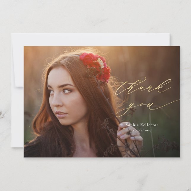 Gold Script Overlay Photo Graduation Thank You Card (Front)