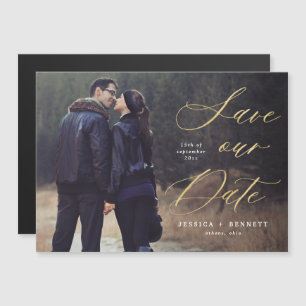 Gold Script Overlay Photo Save the Date Magnet